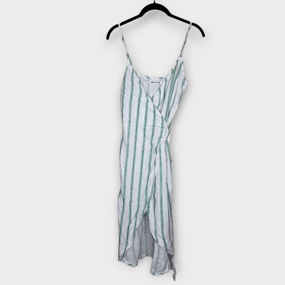 Reformation Court Linen Wrap Midi Dress Green Stripe Coastal Womens Sm - Picture 2 of 7